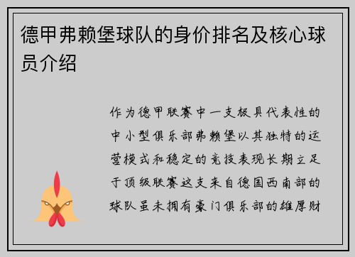 德甲弗赖堡球队的身价排名及核心球员介绍